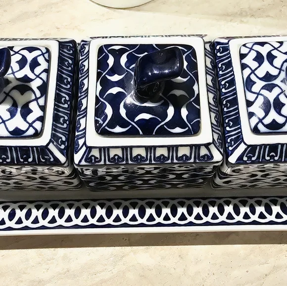 Bombay Blue and White Ceramic Condiment Canister Set W Tray - Picture 5 of 9